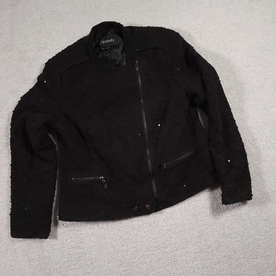 Relativity Full Zip Jacket Women's Large Black Textured Sequin L/S Lined Pockets - Image 2 of 4