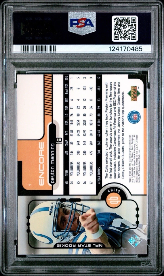 Upper Deck Encore #1 1998 Peyton Manning (RC) Rookie Holo PSA 9 como nuevo Foto 2 de 3