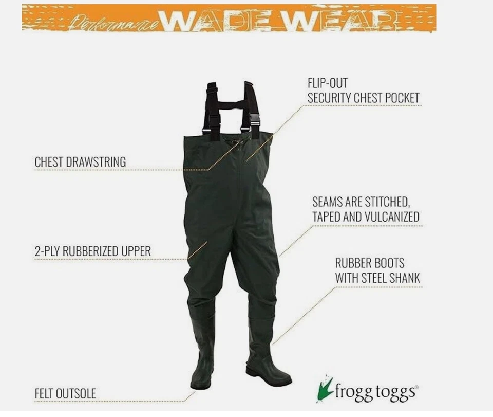 Frogg Toggs Cascades 2-ply Poly/Rubber Cleated Bootfoot Chest Wader Sz 13 EUC - Image 2 of 4