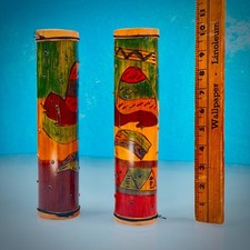 Vintage Hand-Painted Bamboo Rain Stick Pair 10  Folk Art Decor Sound Makers