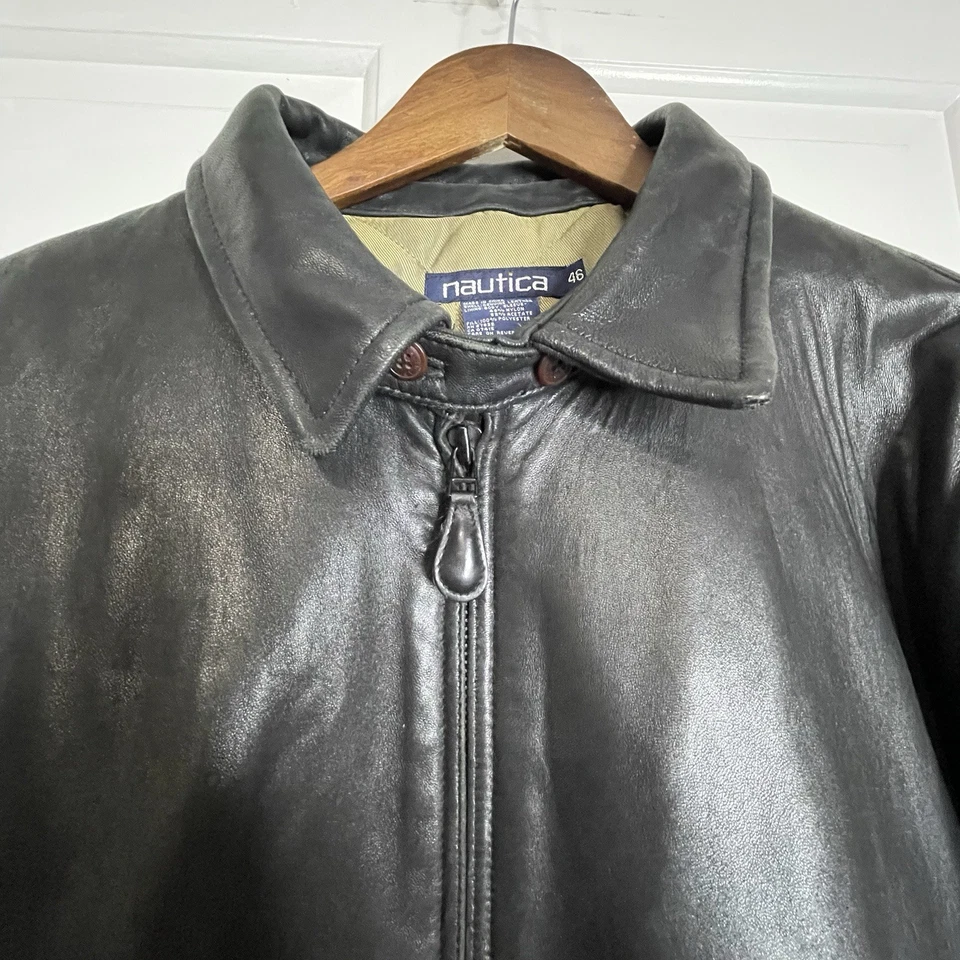 Jaqueta de couro vintage Nautica masculina 46 acolchoada bombardeiro preta acolchoada anos 90 - Imagem 4 de 4