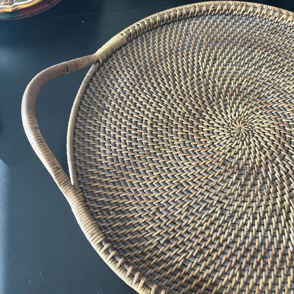 Pampered Chef Round Wicker Serving Tray With Handles Woven Selections Wood 16" - Image 2 of 4