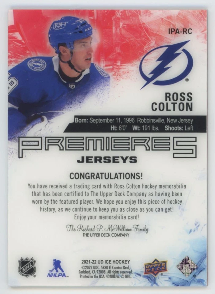 2021-22 Upper Deck Ice Premieres Jersey Ross Colton Tampa Bay Lightning #IPA-RC - Image 2 of 2