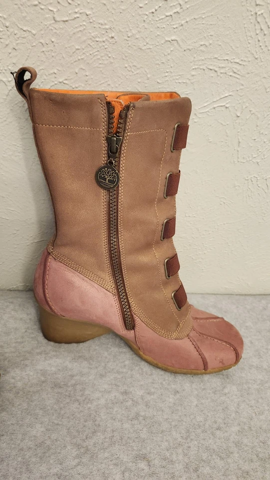 Timberland Botas de Cuero para Mujer Talla 9 Rosa Marrón Media Pantorrilla Cuña Cremallera Lateral Correa Foto 4 de 4
