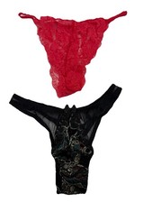 2 Vintage Thongs Fredericks Of Hollywood 90 s Black Velvet OS Y2K Red Lace