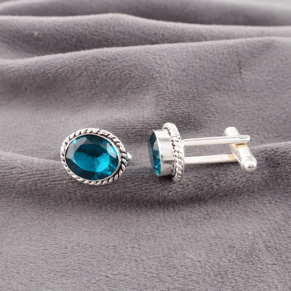 Gemelos de plata de ley 925 con piedras preciosas de apatita azul para hombre joyería regalo para Foto 2 de 4