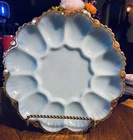 Vintage Anchor Hocking Delphite Blue Deviled Egg Serving Plate Gold Trim