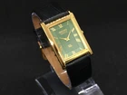 Vintage Seiko Tank Quartz Green & Golden Roman Dial Leather Strap Wrist Watch