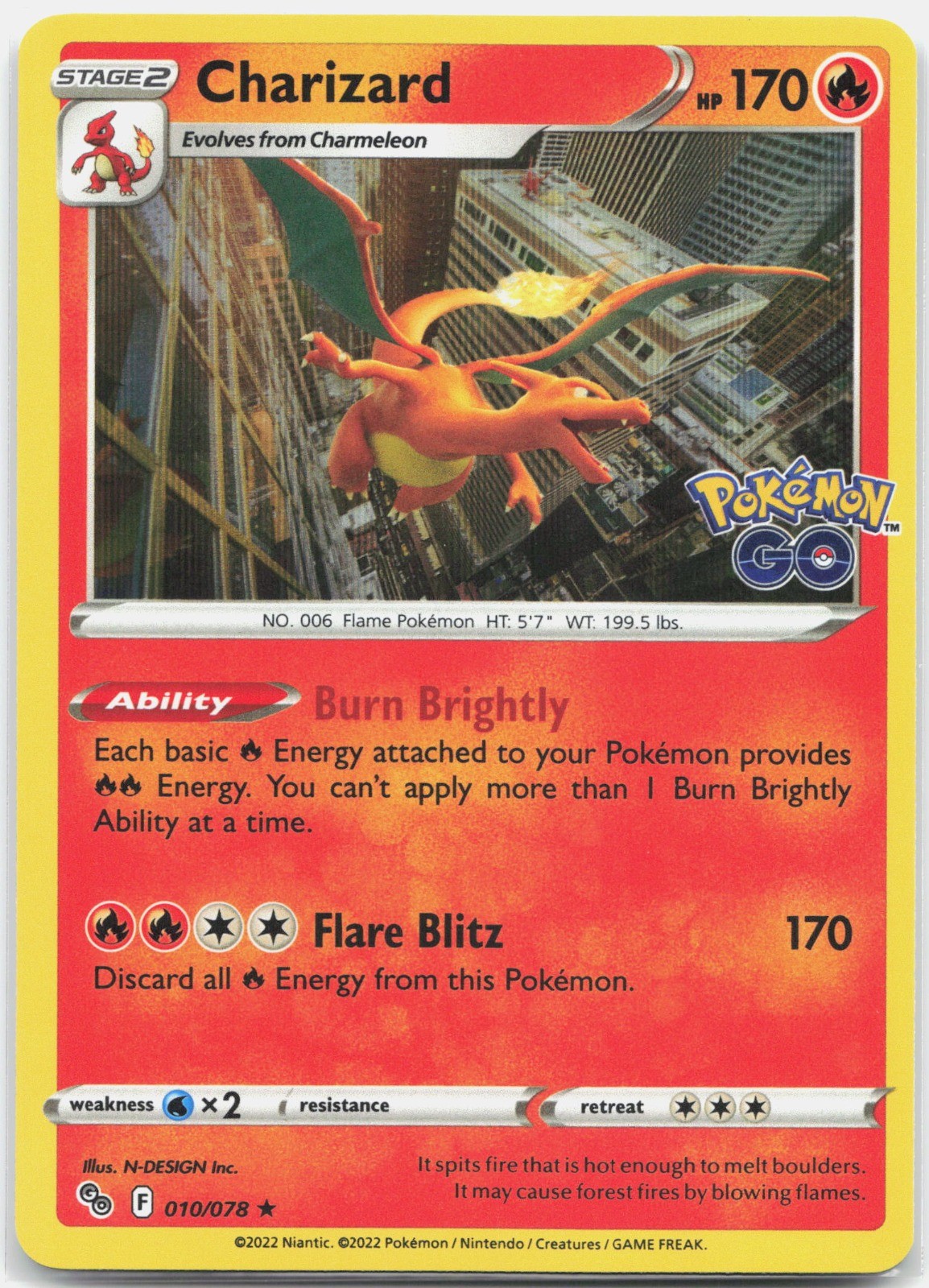 Charizard Holo Rare Pokemon GO PGO Fire 010/078 2022 NM