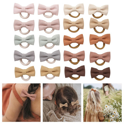 Baby Toddler Girls Hair Ties with Linen Bows, 20 Pcs No Damage Elastic Nylon Pon