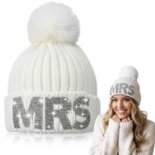 Rhinestone Mrs Knitted Beanie Hat with Faux Fur Pom White Bride and