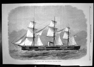 Original alter antiker Druck 1869 Eisenplattierte Flotte Doppelschraubenturm Schiff Kapitän
