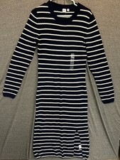 Gap Sweater Midi Dress Womens Large Navy Blue White Striped Ribbed Knit Crewneck