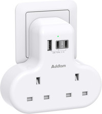Addtam Double Plug Extension with 3 USB Ports (2 USB-C), 2 Way Multi Plug Adapto