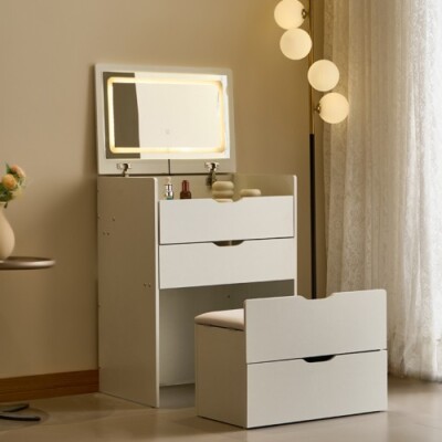 A 3-in-1 table with mirrors and lamps Dressing tableThree drawers, storage stool