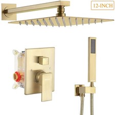 Shower Faucet Brushed Gold 12'' Rainfall Shower Head Combo Set with Mixer Valve