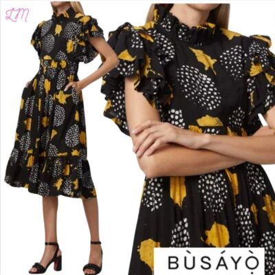 Busayo Other Side Of Midnight Tosin Midi Dress Size Large Black Yellow White