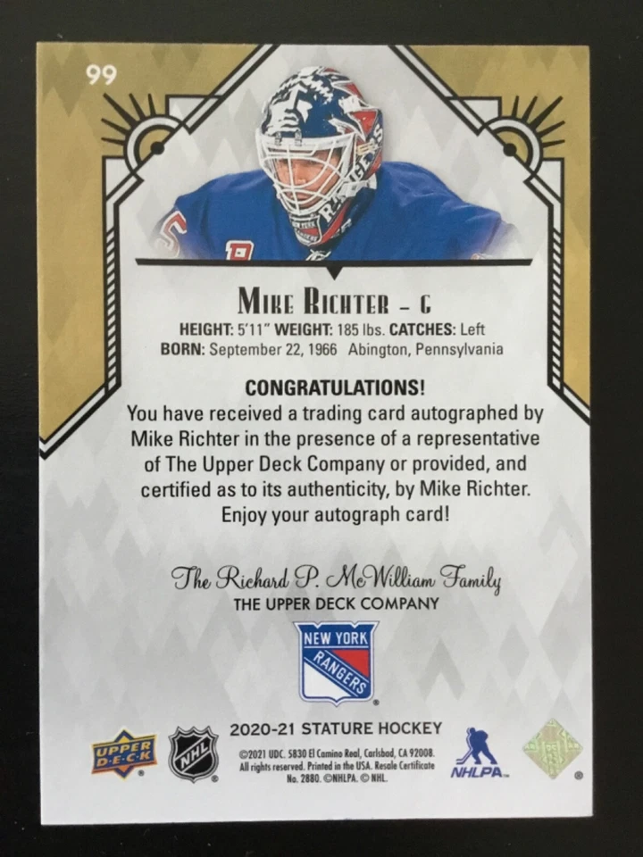 2020-21 Upper Deck Stature MIKE RICHTER #99 On-Card Auto New York Rangers - Image 2 of 2