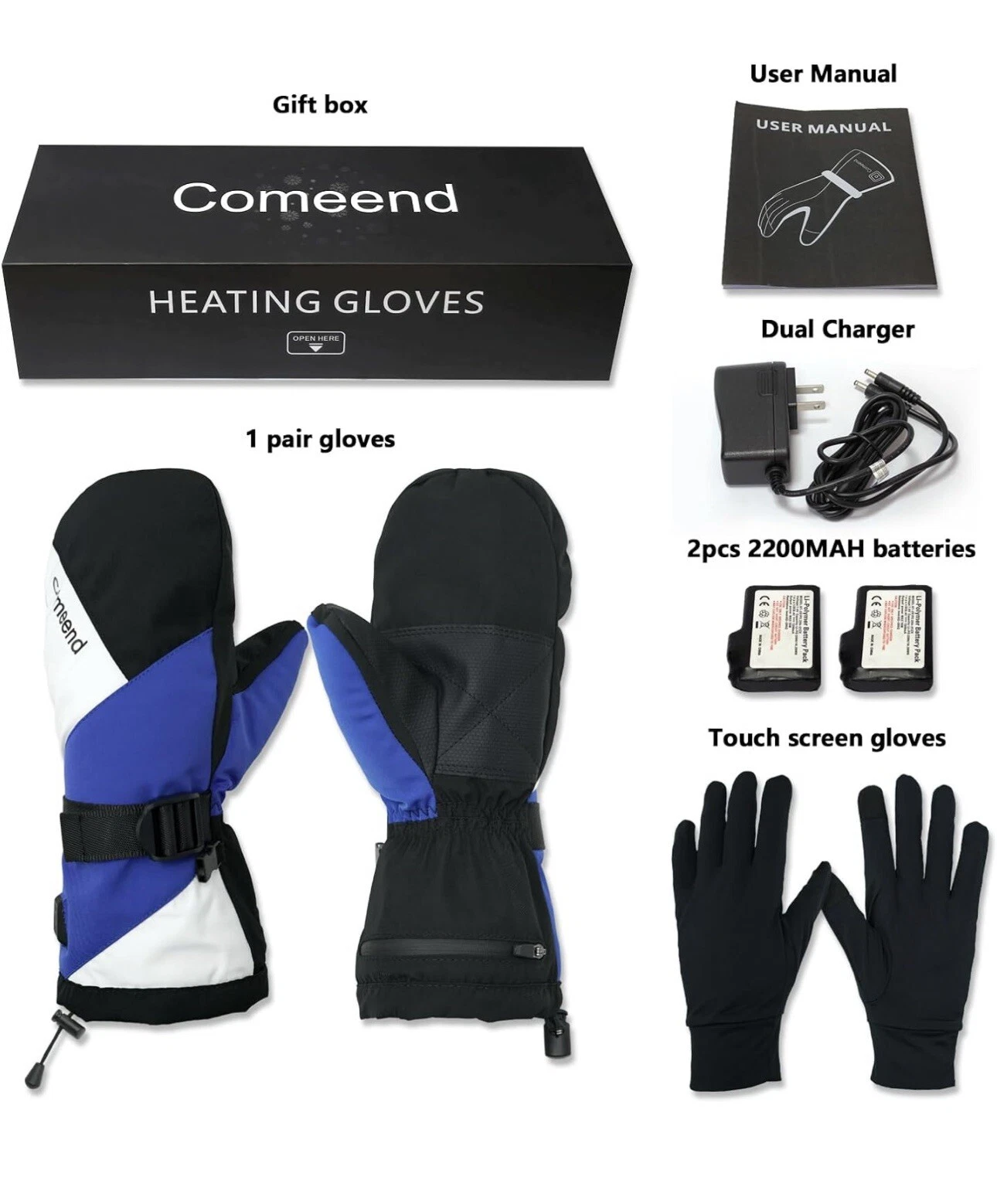 Electric Heated Gloves Waterproof Battery Winter Warm Ski Mittens, Large