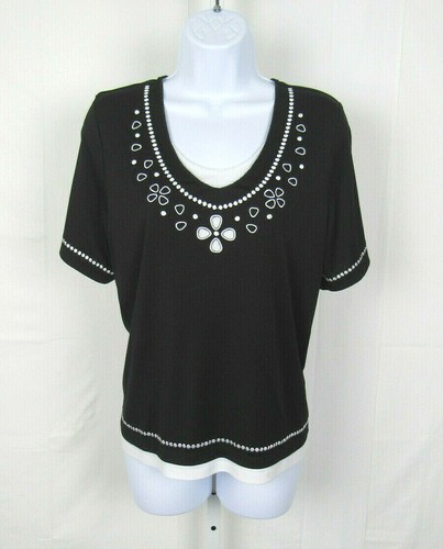 Vintage 1980er 90er TANJAY PETITIES TOP GRÖSSE LARGE SCHWARZ WEISS STICKEREI AUSSCHNITTE - Bild 8 von 11