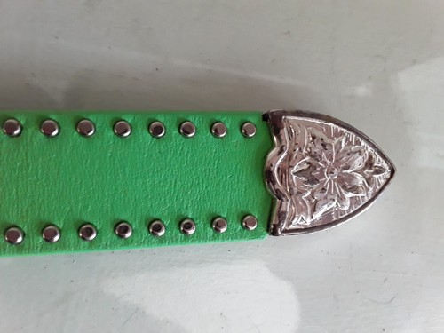 Nocona Sz 24 Apple Green Leather Belt w Crystal & Silver Studs Western Style Buc - Picture 9 of 12