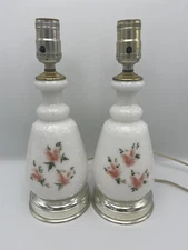 Vintage 12" White Milk Glass Hand Painted Roses Floral Lamp Pair Cottagecore
