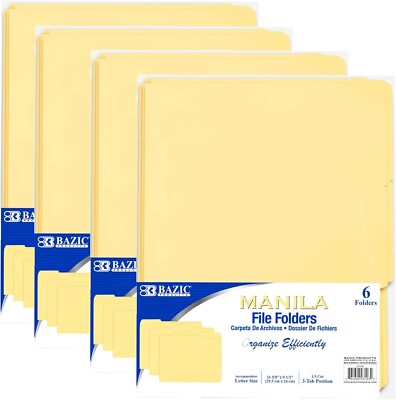 BAZIC Manila File Folder 1/3 Cut Letter Size 11-5/8'' W x 9-1/2'' H (24 Pack)