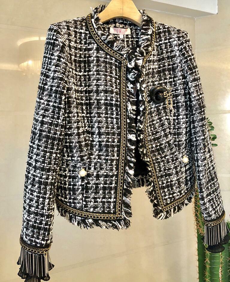 Womens Trendy Round Collar Fringe Tweed Jackets Chic OL Short Autumn