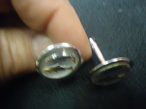 Fish Cufflinks /Fish Under Glass Cufflinks & Tie Clip Set RETRO VINTAGE - Picture 4 of 10