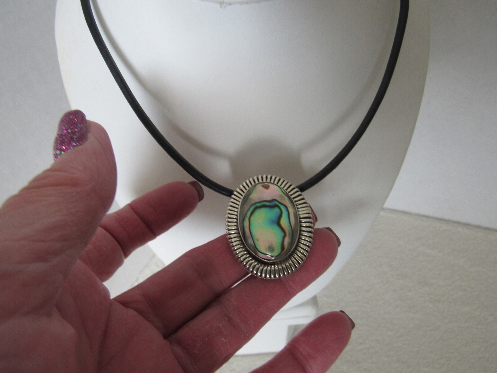 Large Abalone Shell Statement Necklace w/ 925 Bla… - image 2