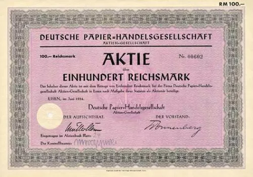 Deutsche Papier - Handelsgesellschaft Essen / Ruhr histor. Aktie 1934 Berlin NRW - Bild 1 von 1