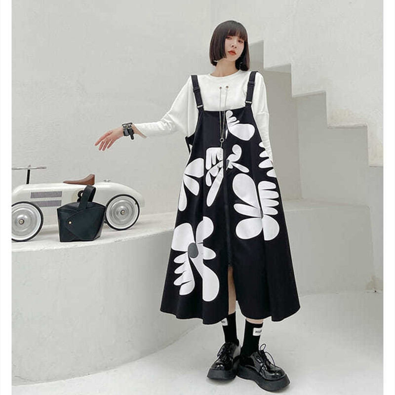 korean loose dress Korean-style Women fashion print loose dress Harajuku A-line strap dress  Oversiz