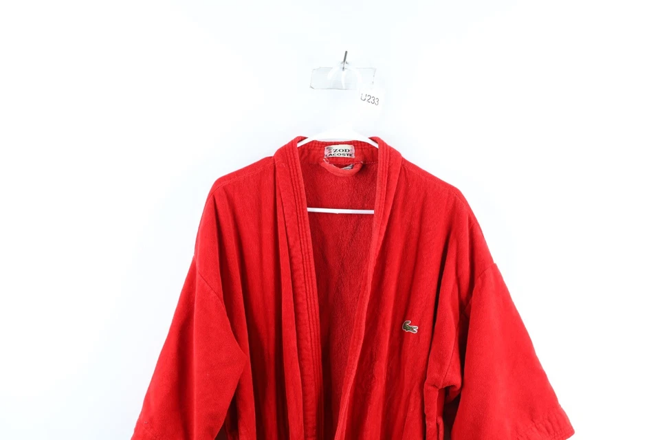 Roupão de banho vintage anos 80 Izod Lacoste masculino tamanho único desbotado com cinto tecido felpudo vermelho - Imagem 2 de 4