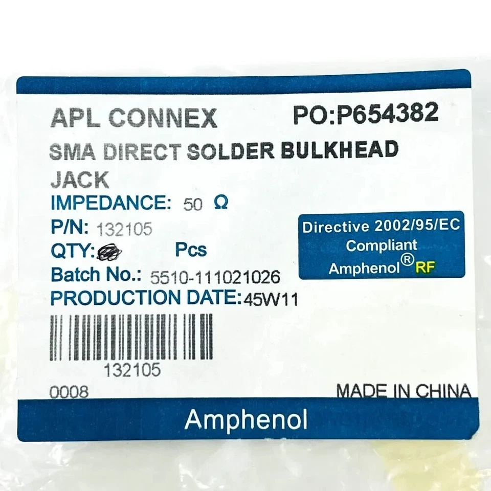 5 pcs Amphenol 132105 RF Coaxial Connector, SMA Bulkhead Jack, Female Socket - Image 3 of 4