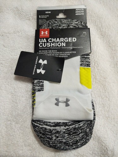 UNDER ARMOUR UA Charged Cushion White/Yellow No Show Tab Socks Mens M Fits 4-8.5 - 第 1/4 張圖片