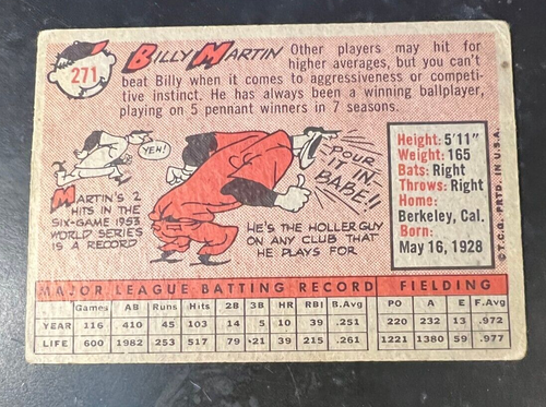 1958 Topps Baseball Card #271 - Billy Martin - Detroit Tigers - Picture 2 of 2