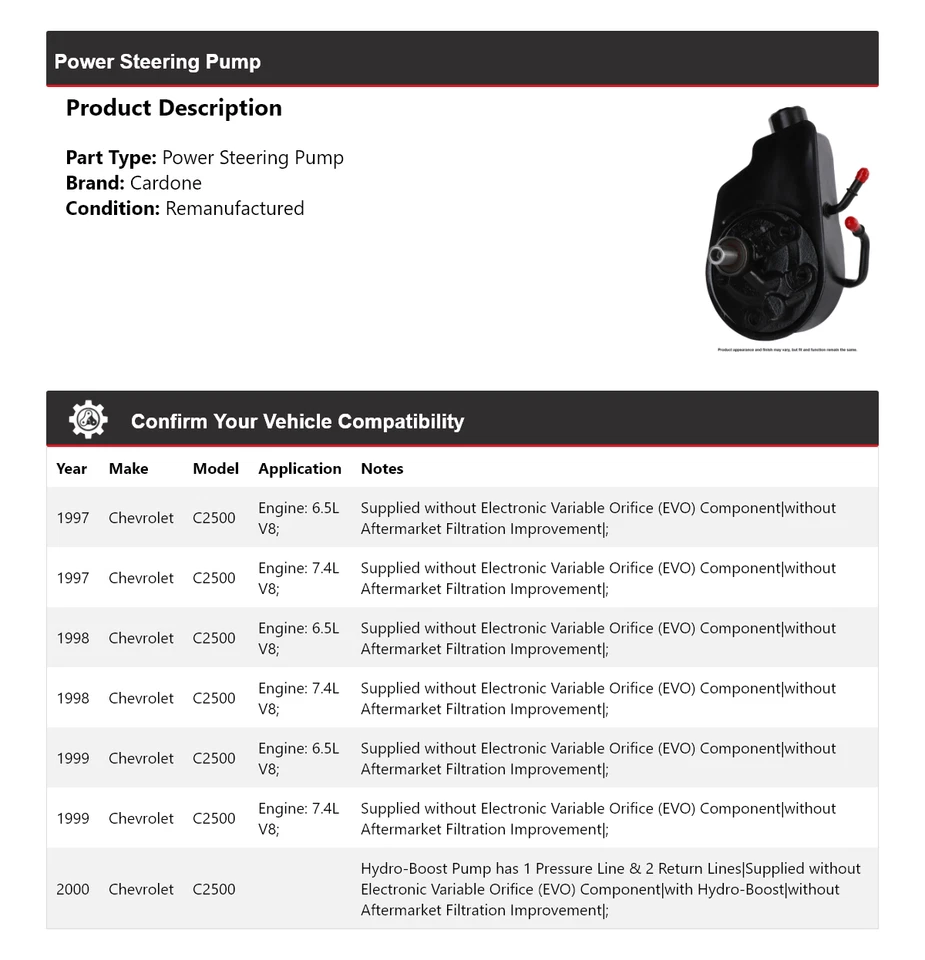 Bomba de dirección asistida Cardone 1998 1999 para Chevrolet C2500 1997-2000 Foto 2 de 4