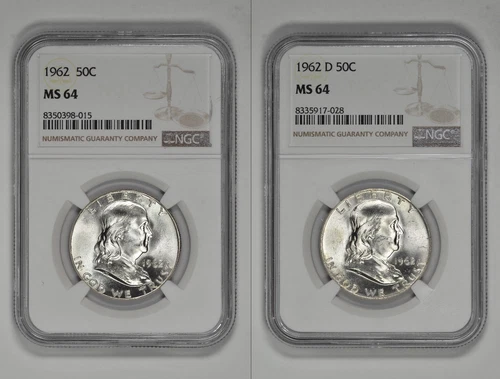 1962 P + D 50C Silver Franklin Half Dollar NGC MS 64 Two Coin Lot