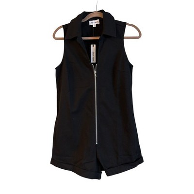 Day + Moon Women s Zip Up Romper 100% Cotton Collar Sleeveless Black Size Small