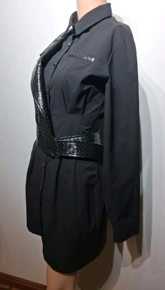Maniere De Voir Black Woven Vegan  Leather Overlay Shirt Dress Size 2 NWT - Image 4 of 4
