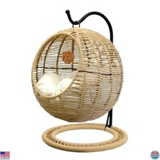 Handmade Brown Wicker Cat Bed with Removable Cushion  Hanging Ball, Washable