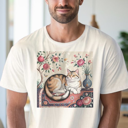 Calico Cat with Roses Graphic Tee Botanical Art Print Shirt - Afbeelding 5 van 6