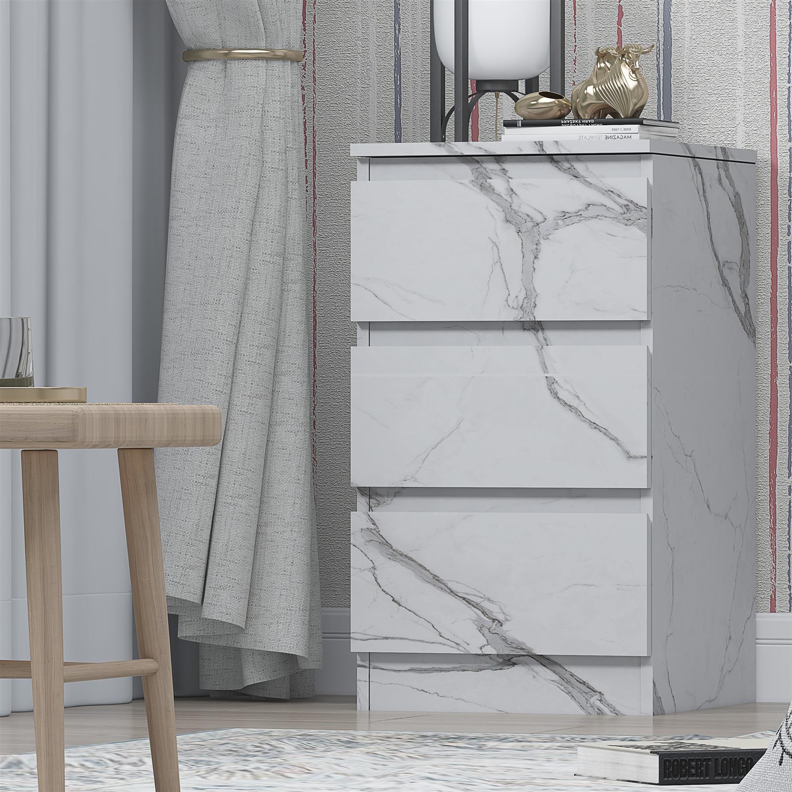 ZITA 3 Drawer Bedside - White Marble Effect Bedroom Furniture