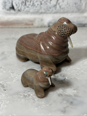 2 VTG Hand Carved Onyx or Marble Walrus Figurine w/ Tusks Native American? READ!
