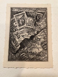 "Map and stamp design" illustrated bookplate - ex-libris of Adolf Graf-Vutsinas