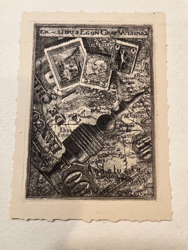 "Map and stamp design" illustrated bookplate - ex-libris of Adolf Graf-Vutsinas