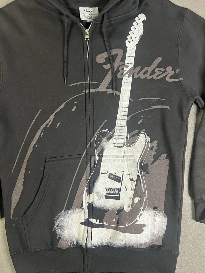 Vintage Fender Guitar Hoodie Y2K Full Zip Black Size S AOP Graphic Rock & Roll Foto 2 de 4