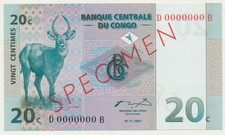 Congo: Democratic Republic 1997 20 Centimes P-83s Specimen UNC