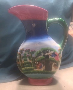 Mexican Pottery Clay Carafe Water Pitcher  "By The Sea" Hand Made /hand painted 