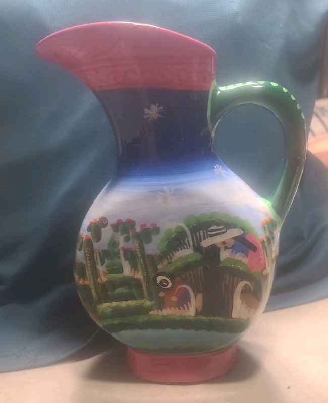 Mexican Pottery Clay Carafe Water Pitcher  "By The Sea" Hand Made /hand painted 